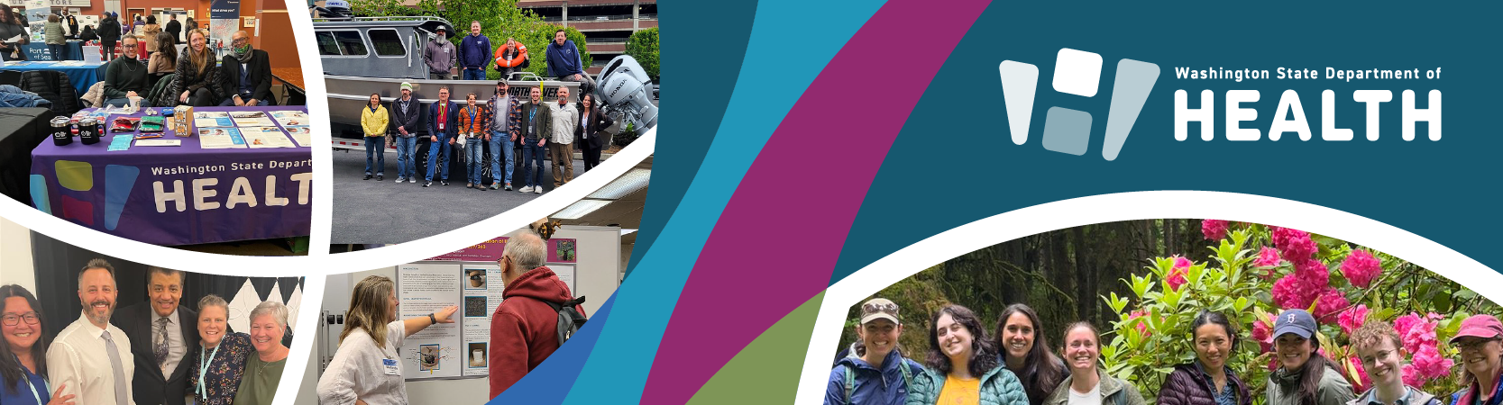 Public health outreach staff engaging with community members at a Department of Health event, including a group photo with Neil deGrasse Tyson, a shellfish team gathered by their boat, a hands-on public health demonstration between staff and a visitor, and a team standing outdoors in front of blooming rhododendrons, ending with the Department of Health logo.